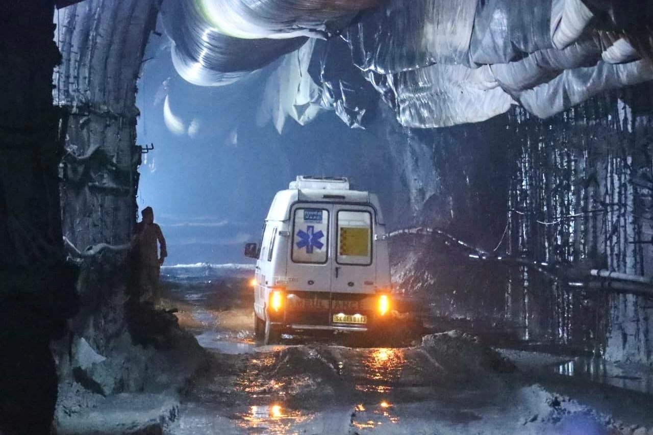 In this image provided by the Information and Public Relations Department, Government of Sikkim, an ambulance moves through an under-construction tunnel at a hydropower project in Samardung village, about 40 kms. (25 miles) from Gangtok, India, late Monday, July 20, 2026. (AP)