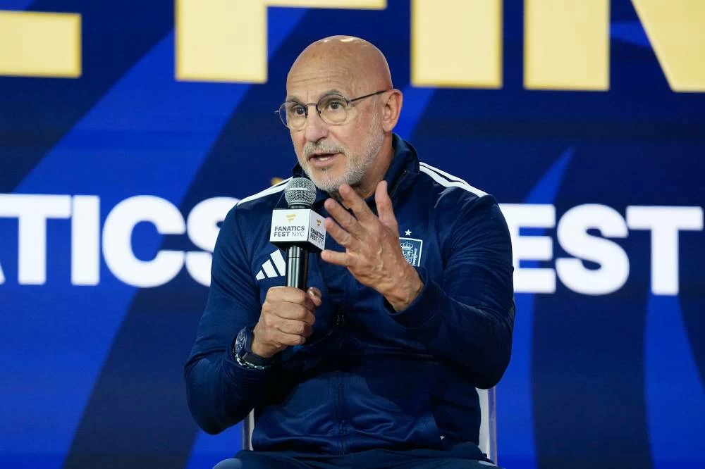 Spain head coach Luis de la Fuente talks during a news conference ahead of the World Cup final soccer match between Spain and Argentina in New York, Friday, July 17, 2026. (AP)