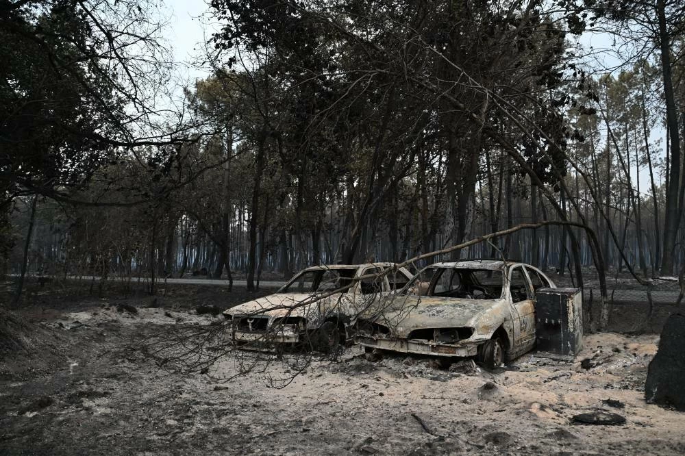 Burned cars are seen in a forest near Lacanau, in the Lege-Cap-Ferret region, southwestern France, Saturday, July 25, 2026. AP