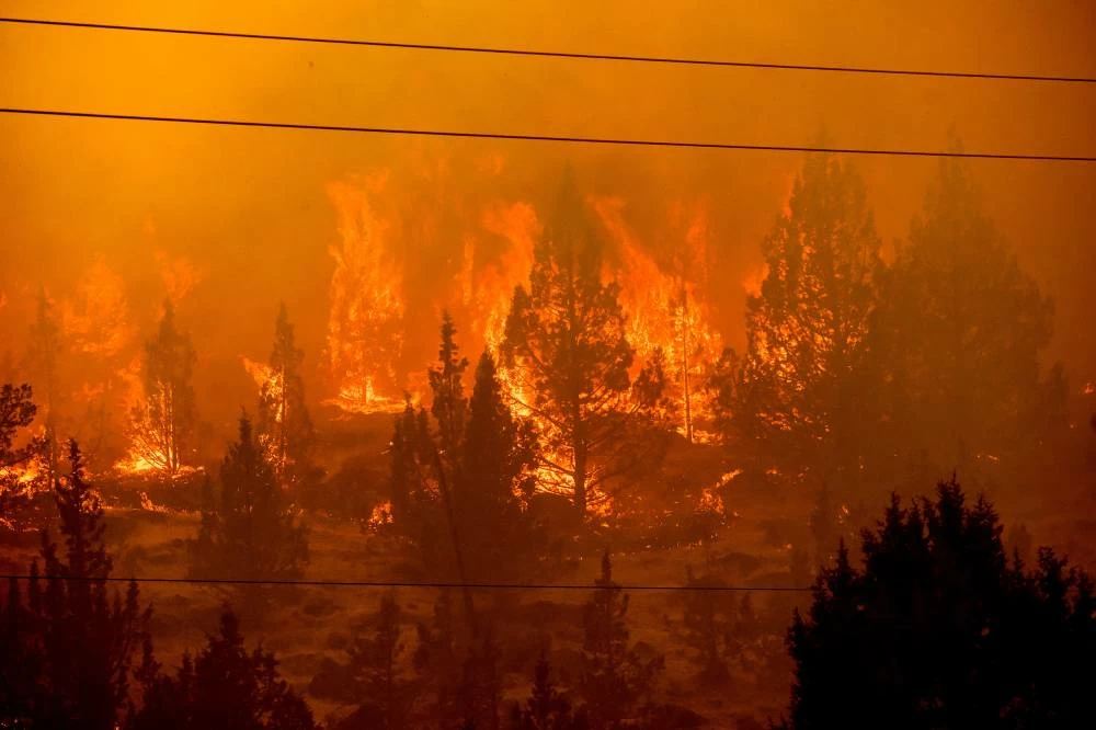 Flames consume vegetation along Jackson Trail Rd. as the Bench fire burns on Saturday, July 25, 2026, in Warm Springs, Ore. AP