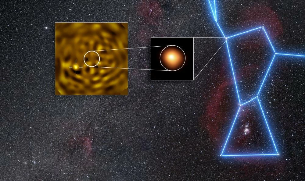 The combination of images shows the clearest image ever of what likely is Betelgeuse B, a star orbiting Betelgeuse. The image in the middle inset was taken in January 2019 with the SPHERE instrument at the European Southern Observatory’s Very Large Telescope and shows Betelgeuse itself. The image in the inset on the left was taken in December 2024, when the companion was predicted to be furthest apart from Betelgeuse as seen from Earth. In this inset Betelgeuse has been removed, revealing a source (marked with a crosshair) consistent with being the companion. The image was released on July 28, 2026.  (European Southern Observatory image via Reuters)