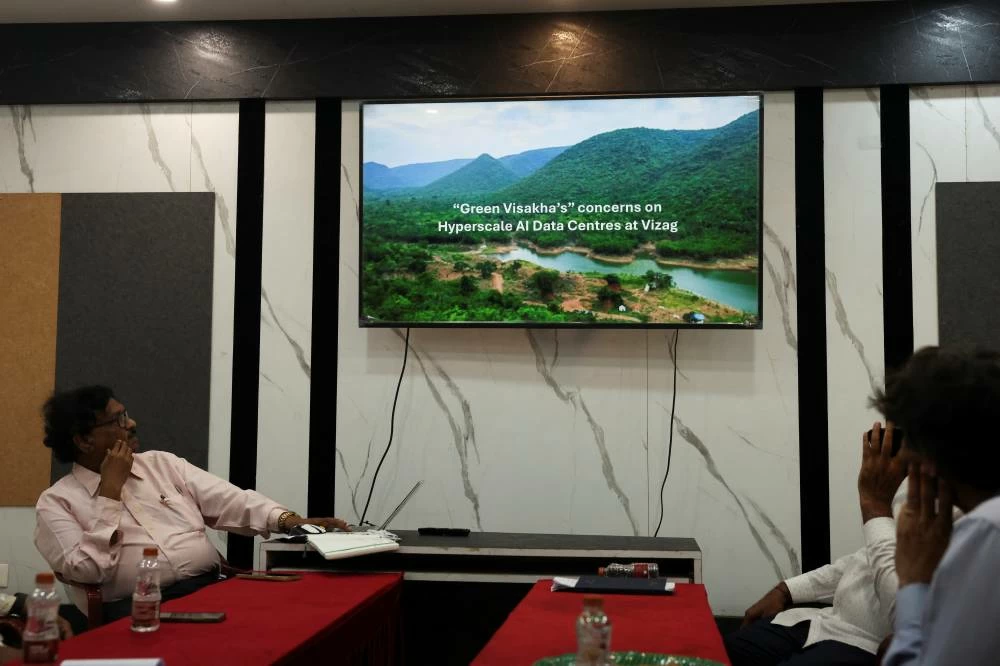 Raja Rama Mohan Roy, founder of the non-profit Green Visakha, gives a presentation on Green Visakha's concerns about the proposed hyperscale AI data centres in Visakhapatnam. (Reuters)