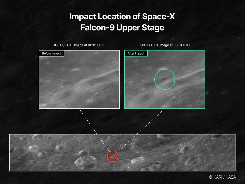 A composite of satellite images show the surface of the moon before and after the crash of the second stage of a SpaceX Falcon 9 rocket, which was launched from Firefly Aerospace towards the moon in January 2025, in this handout image released on August 6, 2026. (Reuters)