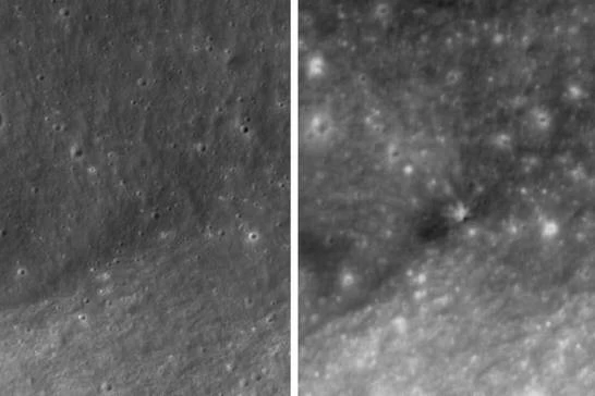 This combination of images provided by NASA and the Korea Aerospace Research Institute shows an area of the moon's surface before, left, Oct. 1, 2015, and after, right, Wednesday, Aug. 5, 2026, a SpaceX rocket segment collided with the moon. Picture credit: NASA, Korea Aerospace Research Institute via AP