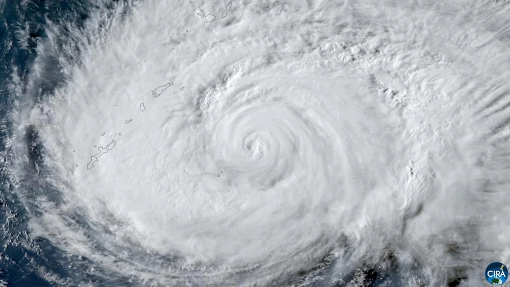 A satellite image shows Typhoon Dolphin approaching Japan's Okinawa, August 6, 2026. (Reuters)