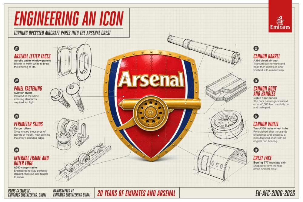 Emirates Transforms A380 And Boeing 777 Parts Into Iconic Arsenal Crest emirates-transforms-a380-and-boeing-777-parts-into-iconic-arsenal-crest
