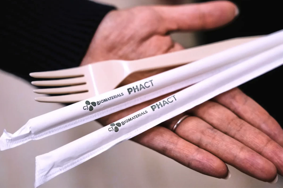 Compostable straws and a fork, which were made from plastic made from plants, are displayed at CJ Biomaterials, Monday, Aug. 3, 2026, in Woburn, Mass. Picture credit: AP