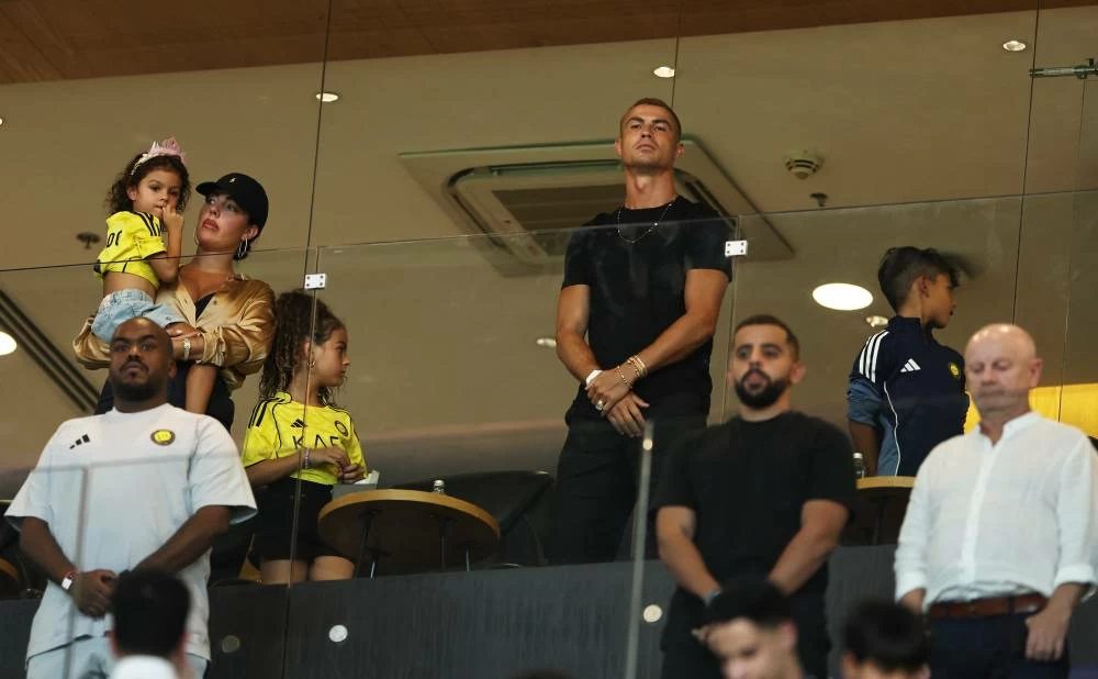 Al Nassr's Cristiano Ronaldo, Georgina Rodriguez and their children Bella Esmeralda, Alana Martina and Mateo before the Al Nassr v Al Fateh match, Al Awwal Park, Riyadh, Saudi Arabia. REUTERS