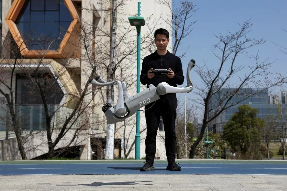 Huang Jiawei, Unitree's marketing director, operates a Go2 robot dog to perform a backflip during a demonstration at a park in Hangzhou, Zhejiang province, China March 21, 2025. (Reuters)
