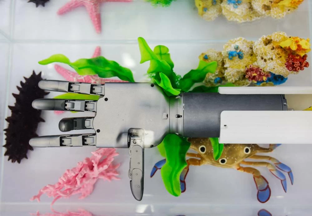 A robotic hand is displayed in an aquarium filled with water at the Shenhao Technology booth at the 2026 World Robot Conference, in Beijing, China, August 19, 2026. (Reuters)