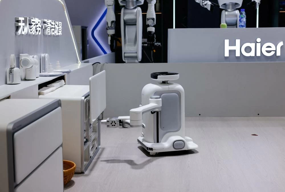 A home assistant robot on display at the Haier booth at the 2026 World Robot Conference, in Beijing, China, August 19, 2026.  (Reuters)