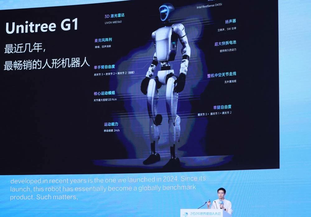 Unitree CEO Wang Xingxing speaks about capabilities of company’s G1 humanoid robot during the 2026 World Robot Conference, in Beijing, China, August 20, 2026. (Reuters)