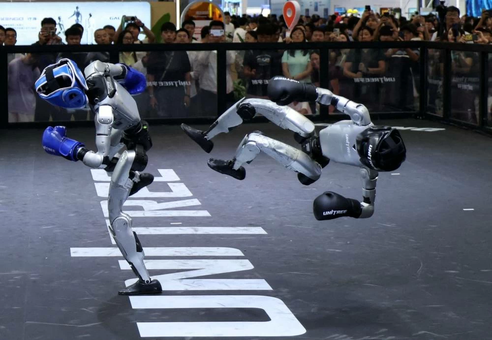 Humanoid robots by Unitree Robotics demonstrate kickboxing during the 2026 World Robot Conference, in Beijing, China, August 19, 2026. (Reuters)