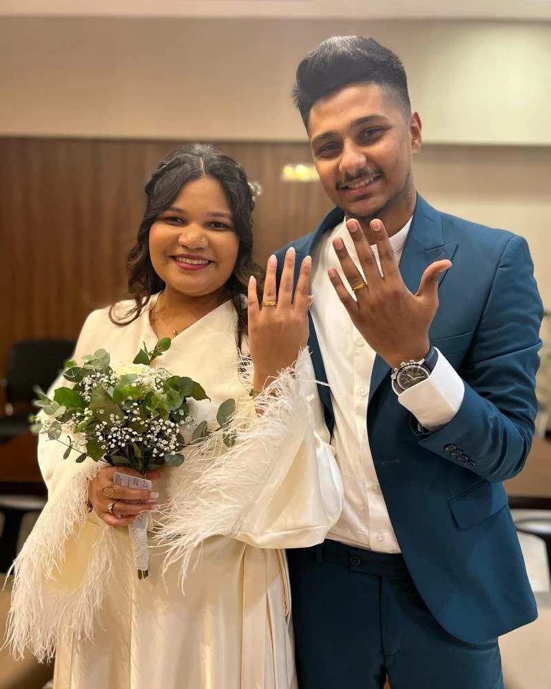 Sequeira with her husband Kevin Kugan after their civil marriage in Abu Dhabi in 2023.
