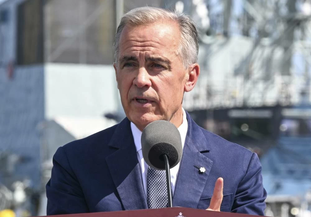 Canadian Prime Minister Mark Carney speaks at the Davie shipyard in Levis, Quebec on Monday, Aug. 24, 2026. Picture credit: AP