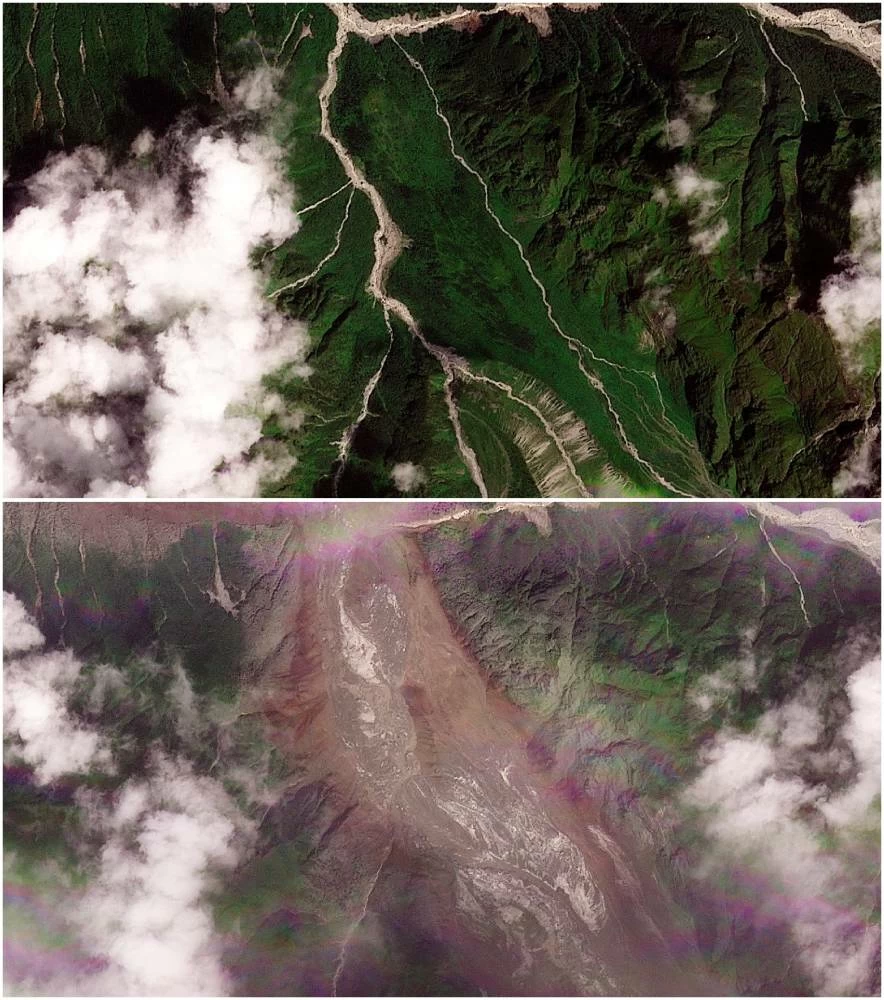 A combination of satellite images shows the valleys near the Nepal-China border on August 25, 2026, before the devastating floods (T), and on August 26, 2026, after the disaster (B). Picture credit: Planet Labs PBC via Reuters