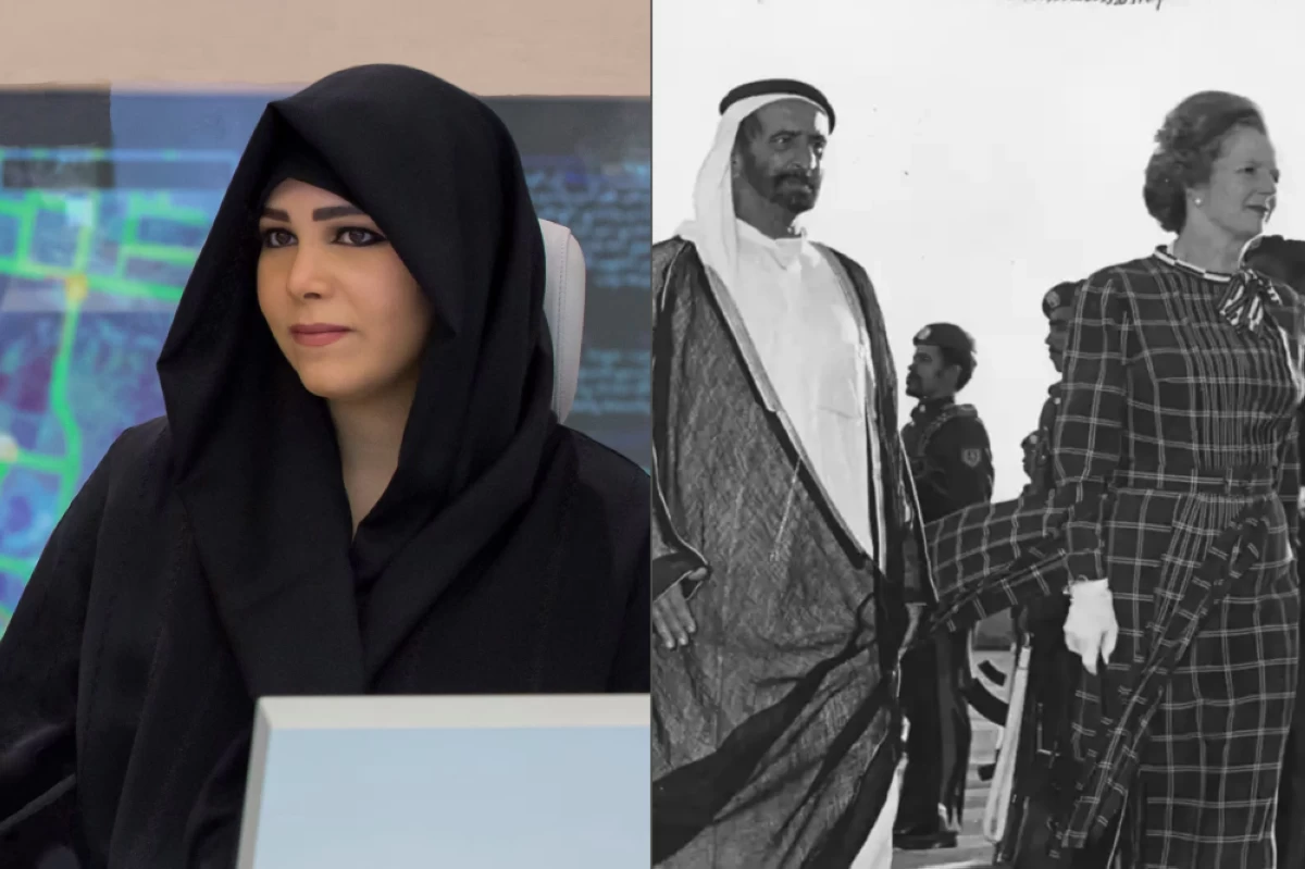 Her Highness Sheikha Latifa bint Mohammed bin Rashid Al Maktoum, Chairperson of the Dubai Culture and Arts Authority (Left), and (Right) late Sheikh Rashid bin Saeed Al Maktoum with late British Prime Minister Margaret Thatcher.