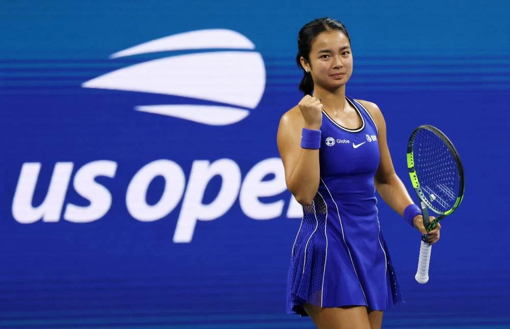 Philippines' Alexandra Eala reacts during her US Open first round match against Mary Stoiana of the U.S. (Reuters)