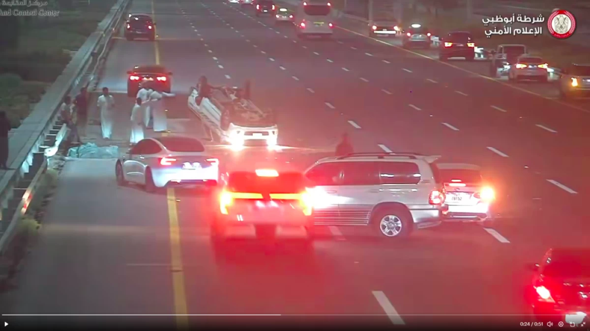 Screengrab from the video posted by Abu Dhabi Police, which showed multiple accidents occurring and the dangers of stopping in the middle of the road.