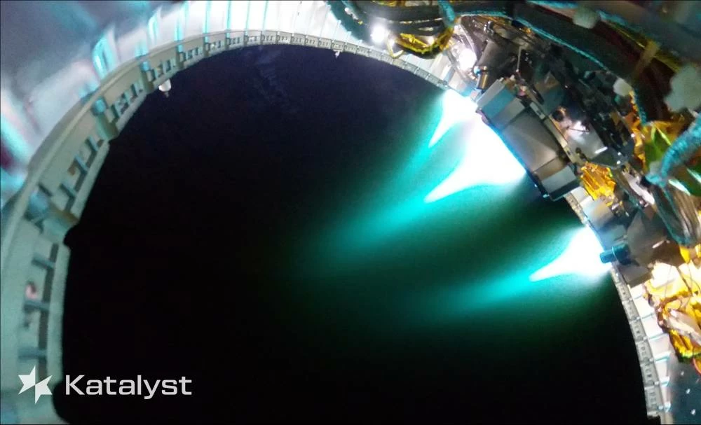 This photo provided by Katalyst Space shows Katalyst Space Technologies’ Link firing all three of its xenon-fueled thrusters simultaneously on Aug. 30, 2026. (Katalyst Space via AP)