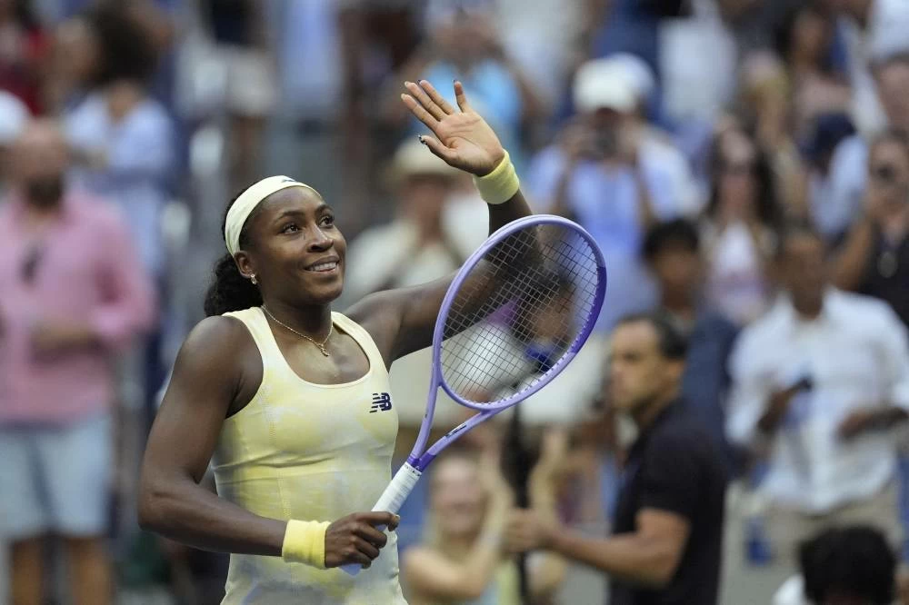 Coco Gauff of the U.S. celebrates after winning her third round match against Spain's Cristina Bucsa. REUTERS