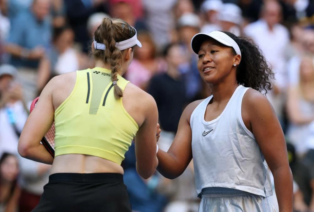 Kazakhstan's Elena Rybakina shakes hands with Japan's Naomi Osaka after winning her round of 16 match in the US Open. (Reuters)