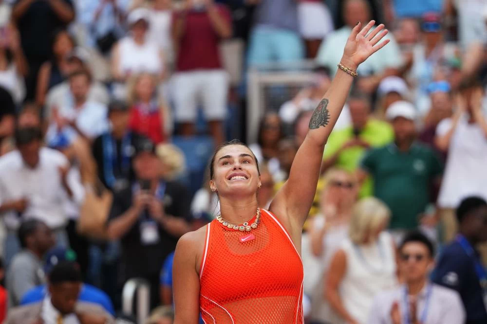 Aryna Sabalenka, of Belarus, celebrates winning a match against Linda Noskova, of the Czech Republic, during the quarterfinal round of the U.S. Open tennis championships, Tuesday, September 8, 2026, in New York.
Photo credit: Kirsty Wigglesworth/AP