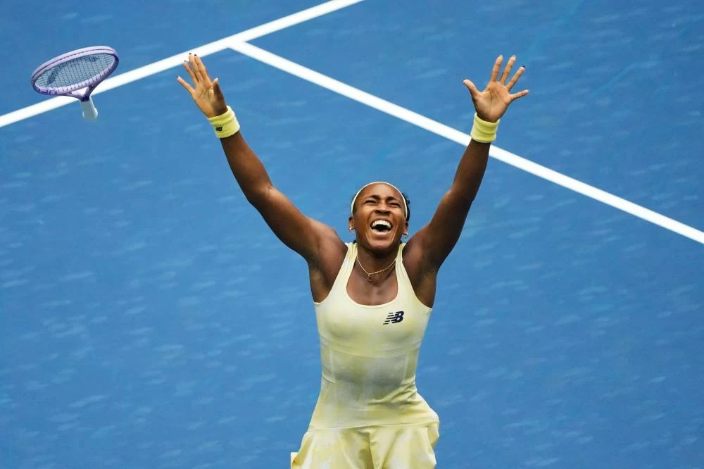 Coco Gauff, of the United States, celebrates winning a match against Mirra Andreeva, of Russia, during the quarterfinal round of the U.S. Open tennis championships, Wednesday, Sept. 9, 2026, in New York. (AP)
