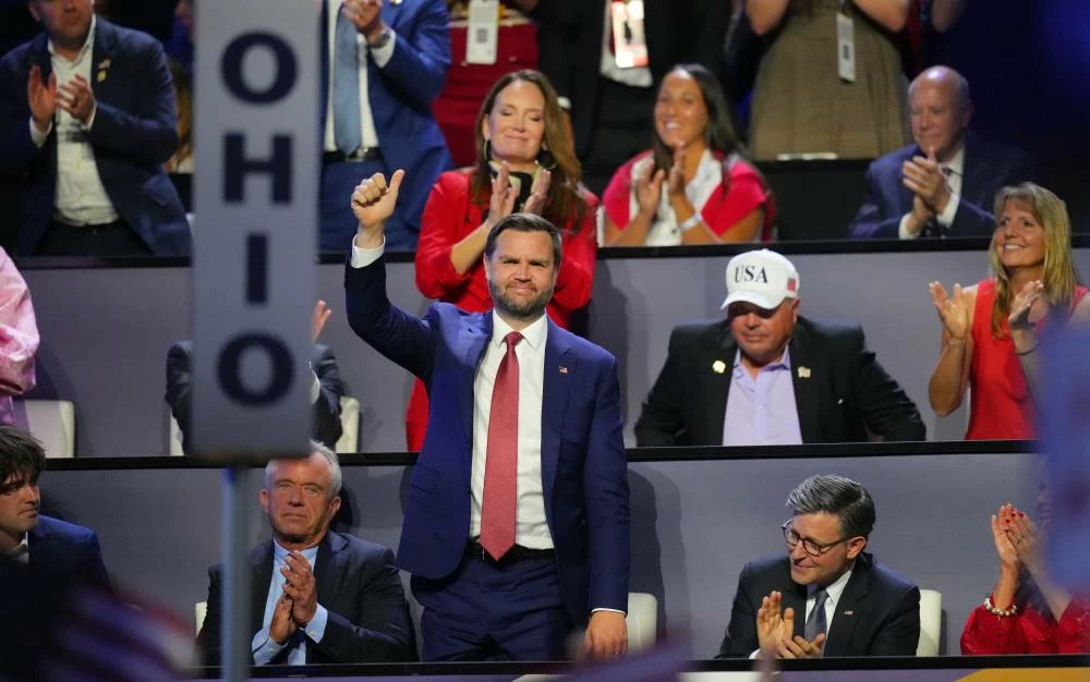 US Vice President JD Vance stands for an applaud as President Donald Trump speaks at the Republican convention Wednesday, Sept. 9, 2026, in Dallas. (AP)