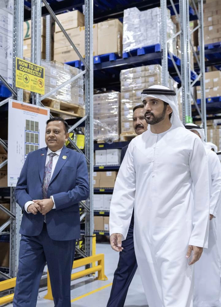 His Highness was briefed by Dr. Azad Moopen, Founder and Chairman of Aster DM Healthcare, and Alisha Moopen, Managing Director and Group CEO of Aster DM Healthcare. Picture credit: Dubai Media Office