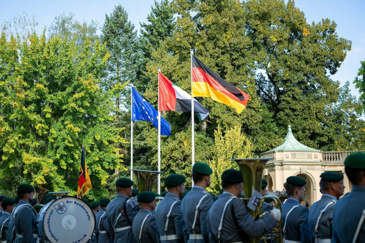 The German Military Band participates in a state visit reception for His Highness Sheikh Mohamed bin Zayed Al Nahyan at Villa Borsig. Picture credit: Abdulla Al Bedwawi/UAE Presidential Court