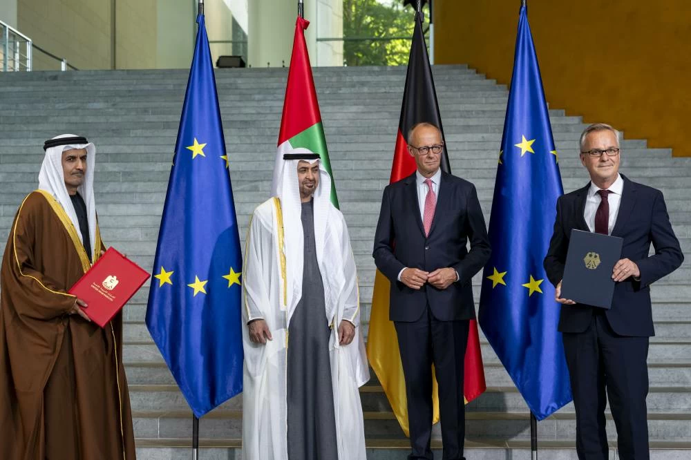 UAE President His Highness Sheikh Mohamed bin Zayed Al Nahyan and His Excellency Friedrich Merz, Chancellor of the Federal Republic of Germany witnessed the announcement of a number of agreements, memoranda of understanding and letters of intent. Picture credit: WAM