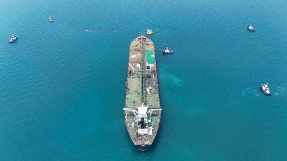FILE PHOTO: Drone view of oil tanker HELGA berthed at one of Iraq's southern offshore oil terminals near Basra, as it prepares to load crude oil. REUTERS