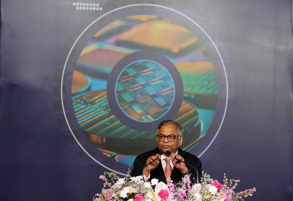 N. Chandrasekaran, Chairman, Tata Sons speaks during the foundation stone laying ceremony for India's First AI-enabled Semiconductor Fab manufacturing facilities in Dholera, Gujarat, India, March 13, 2024. (Reuters)