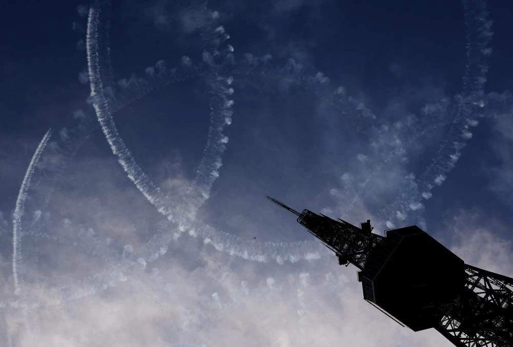 Japan's Air Self-Defense Force (JASDF) Blue Impulse aerobatic team performs during a demonstration flight to commemorate the 20th Asian Games Aichi-Nagoya 2026 (Reuters)