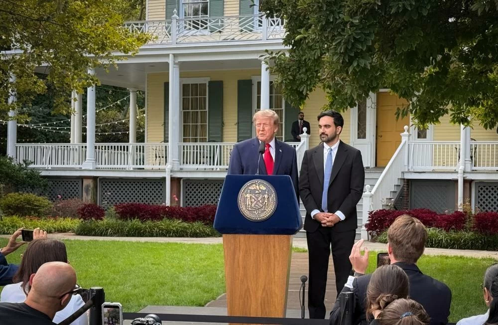 US President Donald Trump and New York City Mayor Zohran Mamdani speak to reporters during a press conference following their meeting at Gracie Mansion in New York City, US, September 21, 2026. Picture taken with a mobile phone. (Reuters)