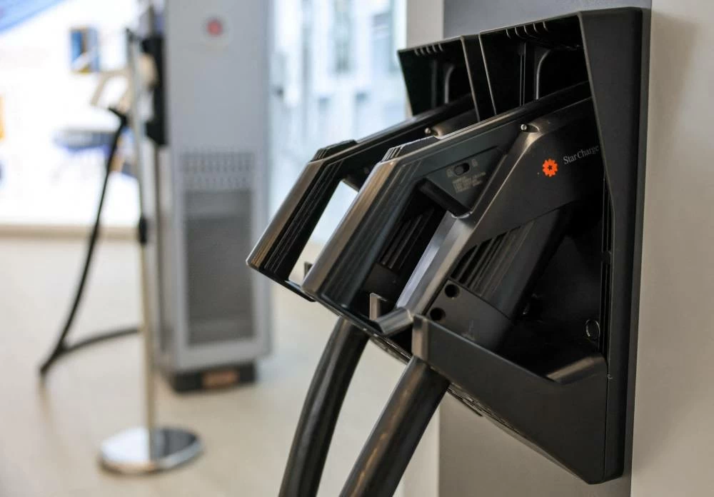 A close up of EV charging station at M-Smart production facility during organized media tour in Hohhot, Inner Mongolia Autonomous Region, China, June 11, 2026. (Reuters)