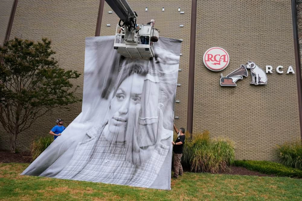 A portrait of the late Dolly Parton is installed outside RCA Studio A, Wednesday, Sept. 23, 2026, in Nashville, Tenn. where she recorded "Jolene" and "I Will Always Love You" during a 1973 recording session. (AP)