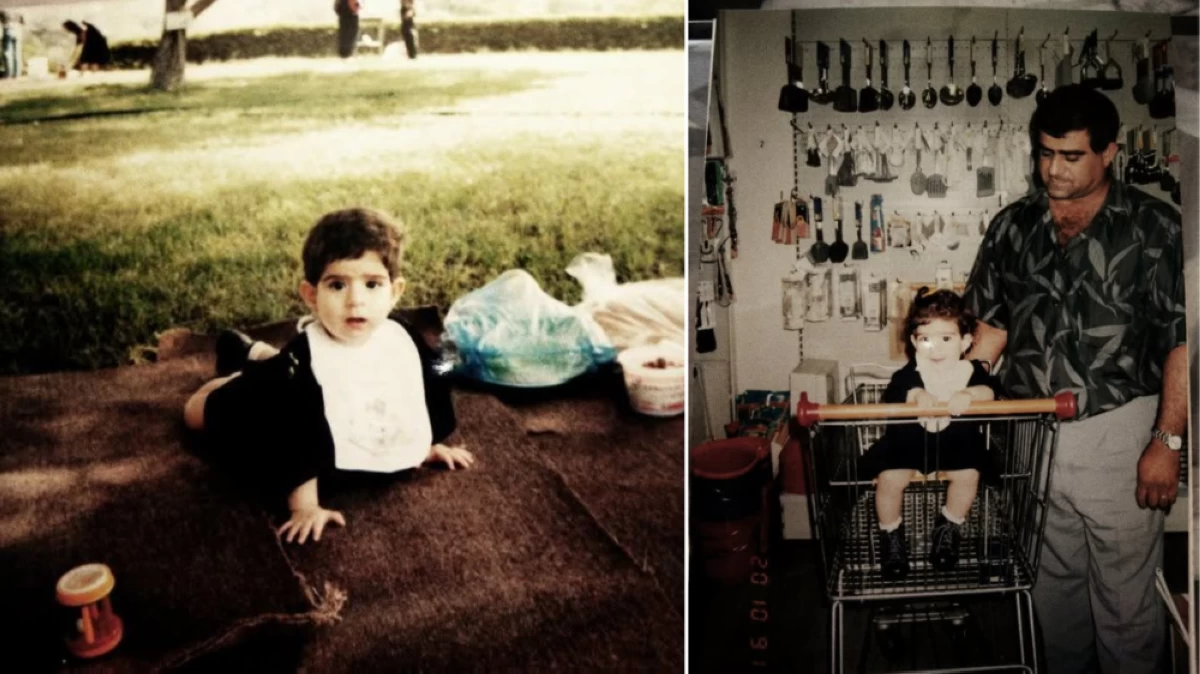 Kalash as an eight year old at the Sheikha Fathima Park in Abu Dhabi (left) and at the Khalidiya Palace hotel, with her father - Charbel Hebbo.