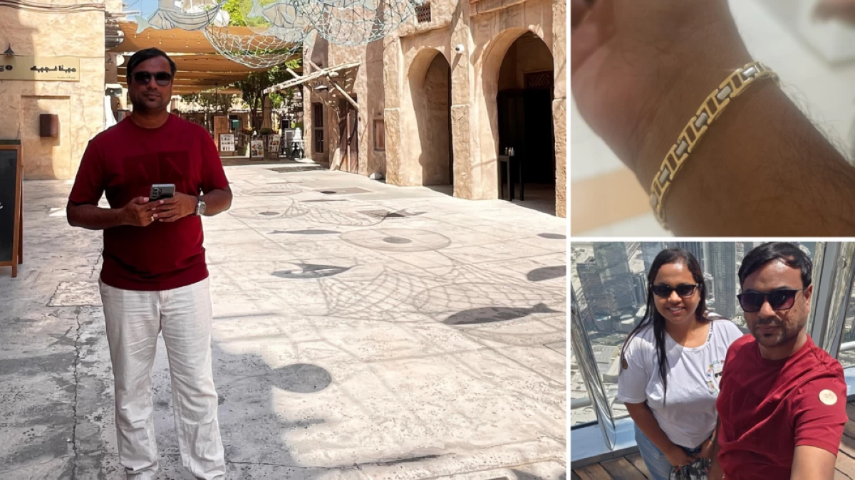 Left: Mikhil Sarawagi during his recent Dubai trip; top right: the gold bracelet that he got back; bottom right: Sarawagi with his wife Manisha 'At the top'.
