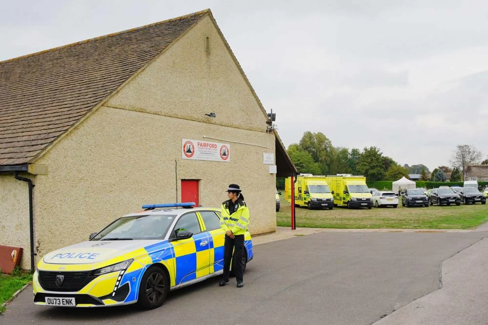Emergency services at the scene of an incident close to RAF Fairford,, in Whelford, England, Sunday, Sept. 27, 2026 . AP