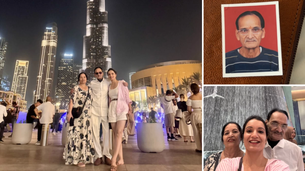 Left: Vartika Sharma with her parents, Late Devendra Kumar Sharma and Madhu Sharma, during their first international trip in August 2025. Top right: The photograph Sharma keeps of her dad in her wallet, after he died in December last year. Bottom right: The family enjoying their Dubai trip.