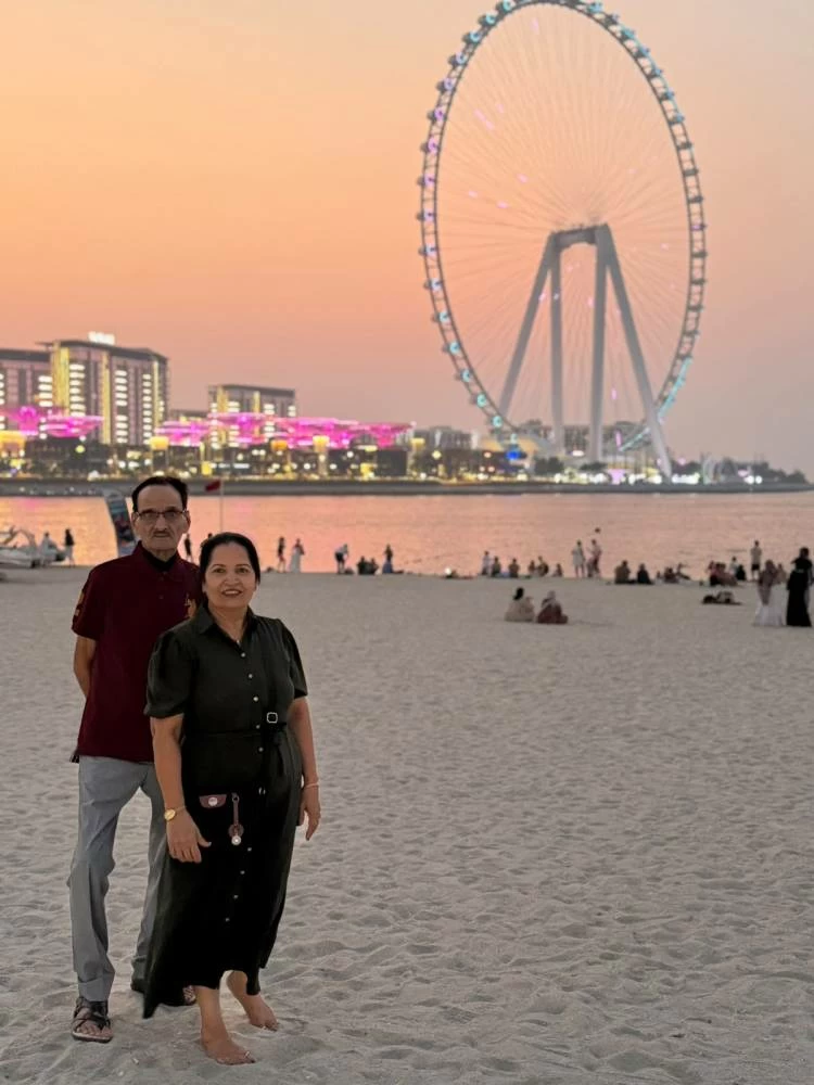 Late Devendra Kumar Sharma (left) and Madhu Sharma (right) during their Dubai trip in August 2025.