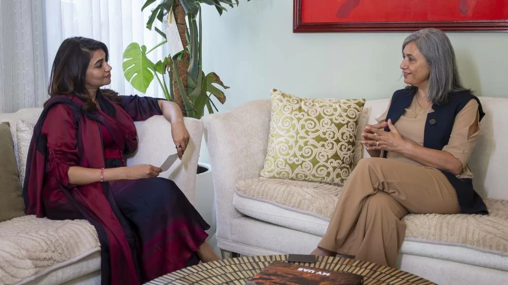 After winning a major award (GEMS Exceptional Head of School Award) in 2018, Nargish Khambatta put half of the prize money into a fund for support staff and teachers at the school she led. Nargish Khambatta with Rayeesa Hassan.