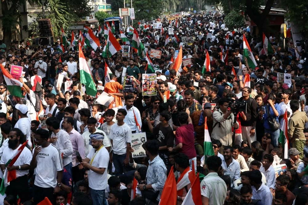 Supporters of Cockroach Janta Party (CJP) attend a protest demanding the resignation of India's Chief Election Commissioner Gyanesh Kumar, in Mumbai, India, October 2, 2026. REUTERS/Priyanshu Singh
