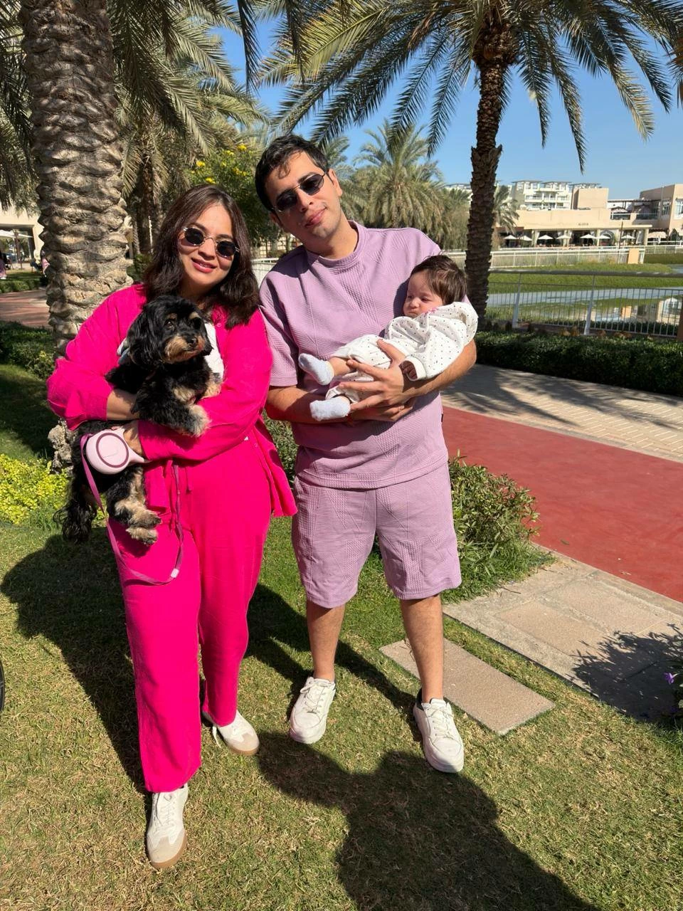 Drishti Israni with her husband, Sunny Parnani, their daughter, Prisha, and their Yorkiepoo, Niyana.