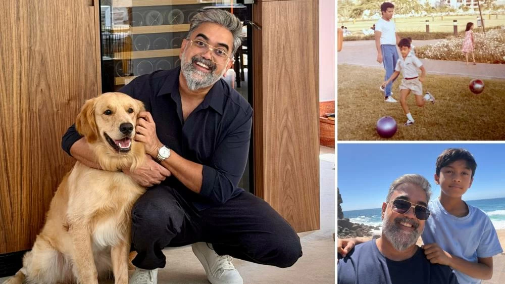 Rego with his dog Tokio (left); a 1989 photograph of Rego enjoying family time at a Dubai park (top right); Rego with his son, Elijah (bottom right).