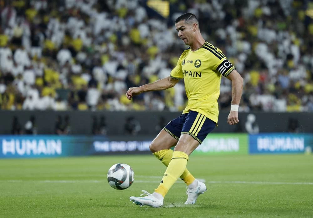 Al Nassr's Cristiano Ronaldo reacts after scoring against Al Diriyah, with the goal later ruled out, during the Saudi Pro League match at Al Awwal Park in Riyadh, Saudi Arabia, on October 9, 2026.