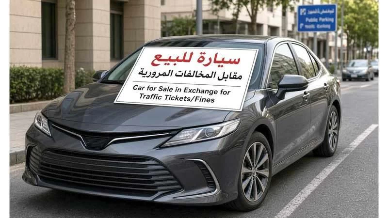 Several advertisements offer vehicles for sale in exchange for settling outstanding traffic fines ranging from Dh5,000 to Dh10,000. AI generated image used for illustrative purpose.