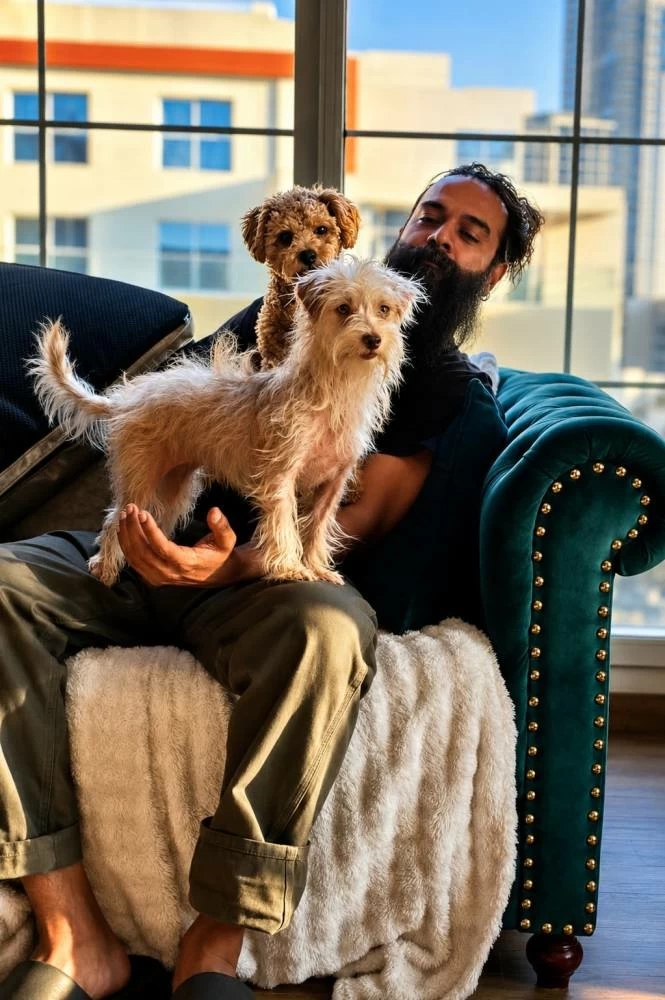 Khan with Mojo (left) and Misty (front).